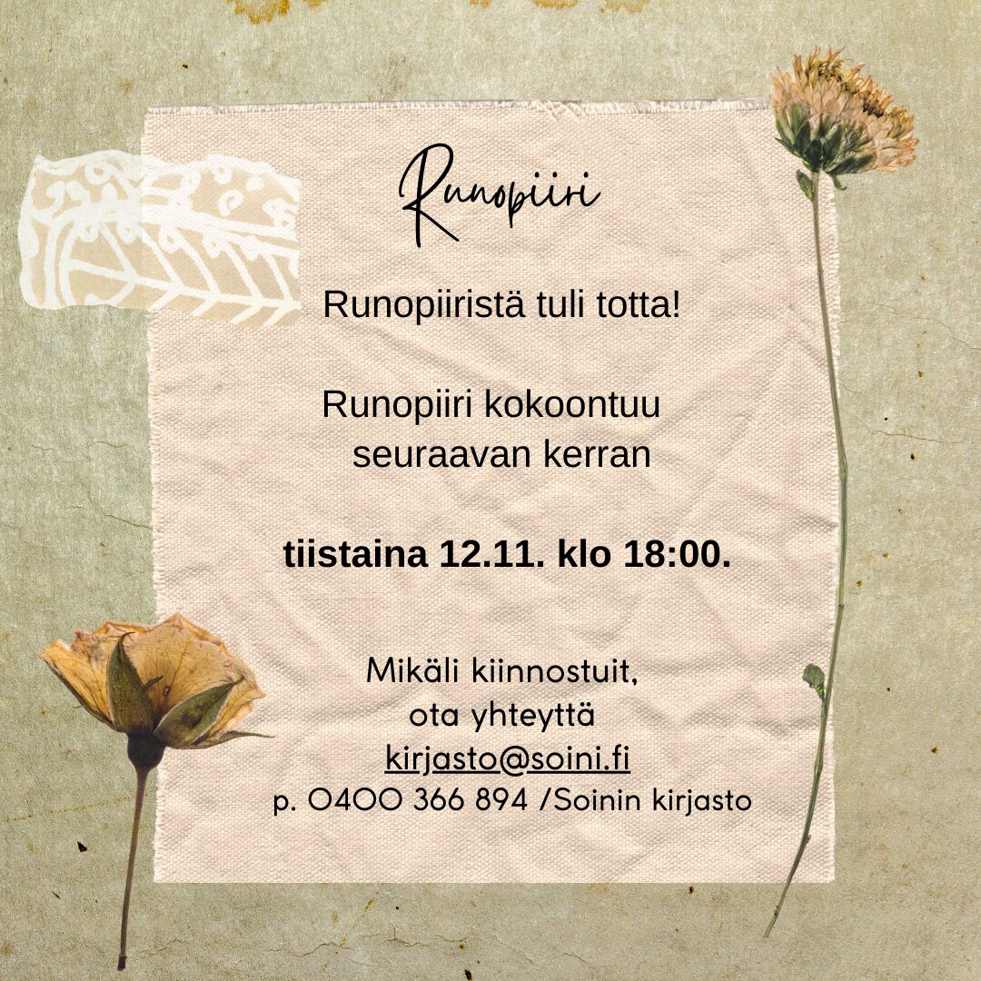 Runopiiri kokoontuu kirjastossa ti 12.11.  klo 18:00