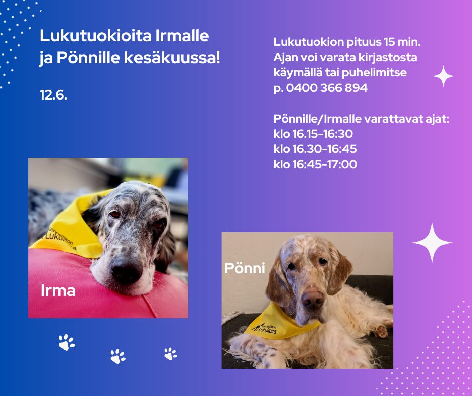 Muuttunut aika! Lukukoirat Irma ja Pönni kirjastossa klo 16 alkaen