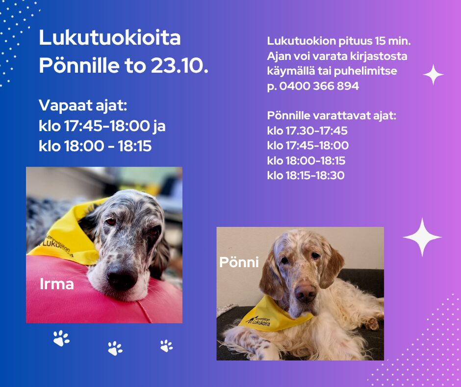Lukukoira Pönni kirjastossa torstaina 23.10. Vielä vapaita aikoja!