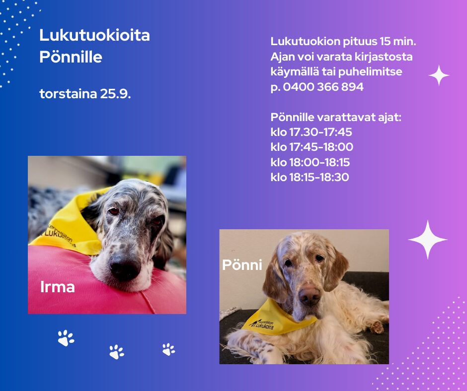 Lukukoira Pönni kirjastossa torstaina 25.9. klo 17:30-18:30
