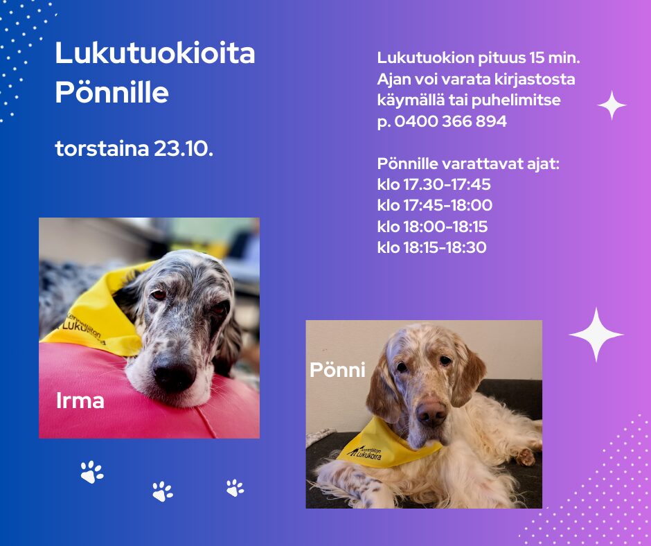 Lukukoira Pönni kirjastossa torstaina 23.10. klo 17:30-18:30