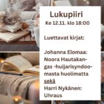 Syksyn kolmas lukupiirin tapaaminen keskiviikkona 12.11. klo 18:00